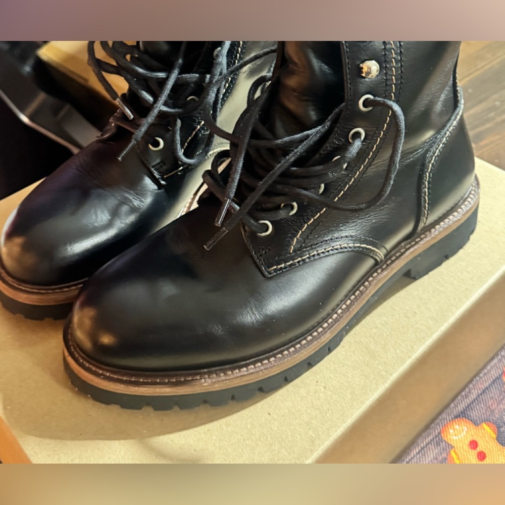 Belstaff Black Leather Lace-Up Combat Boots with Brown Welt Trim
